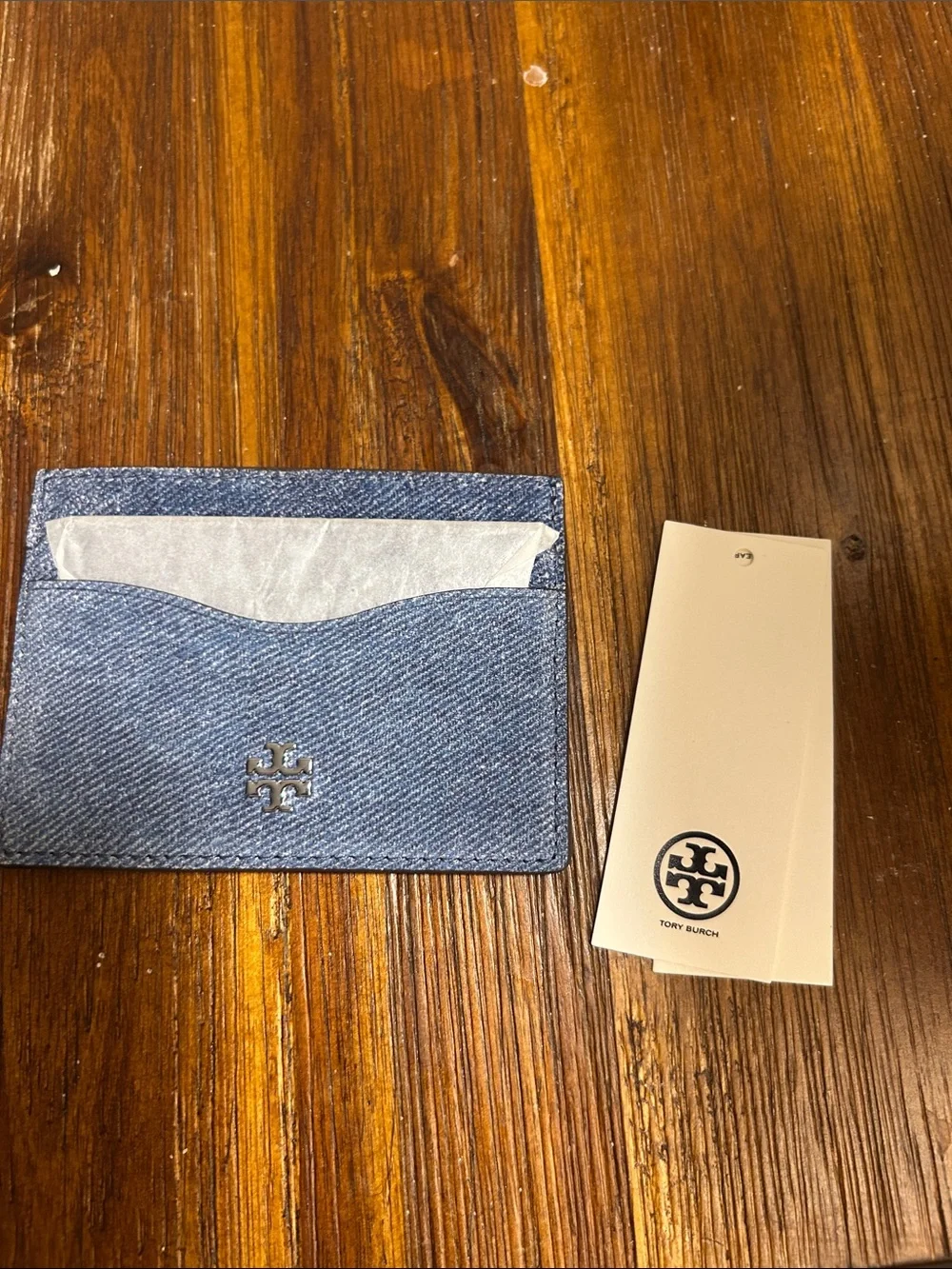 NWT Tory Burch Emerson Denim Suede Slim Card Case